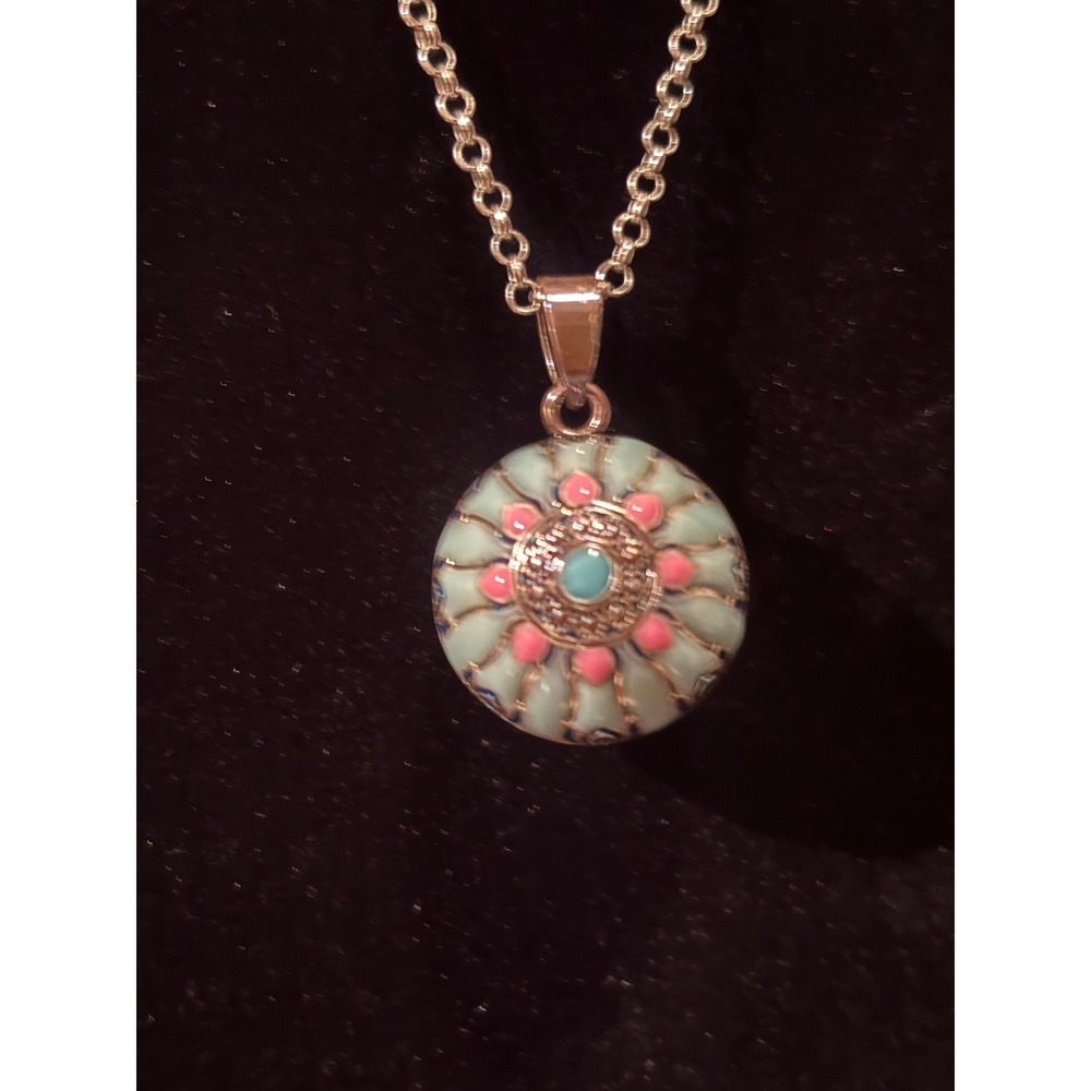 VINTAGE-INSPIRED BEAUTIFUL BOHEMIAN PINK & AQUA LOTUS BALL NECKLACE 22" |